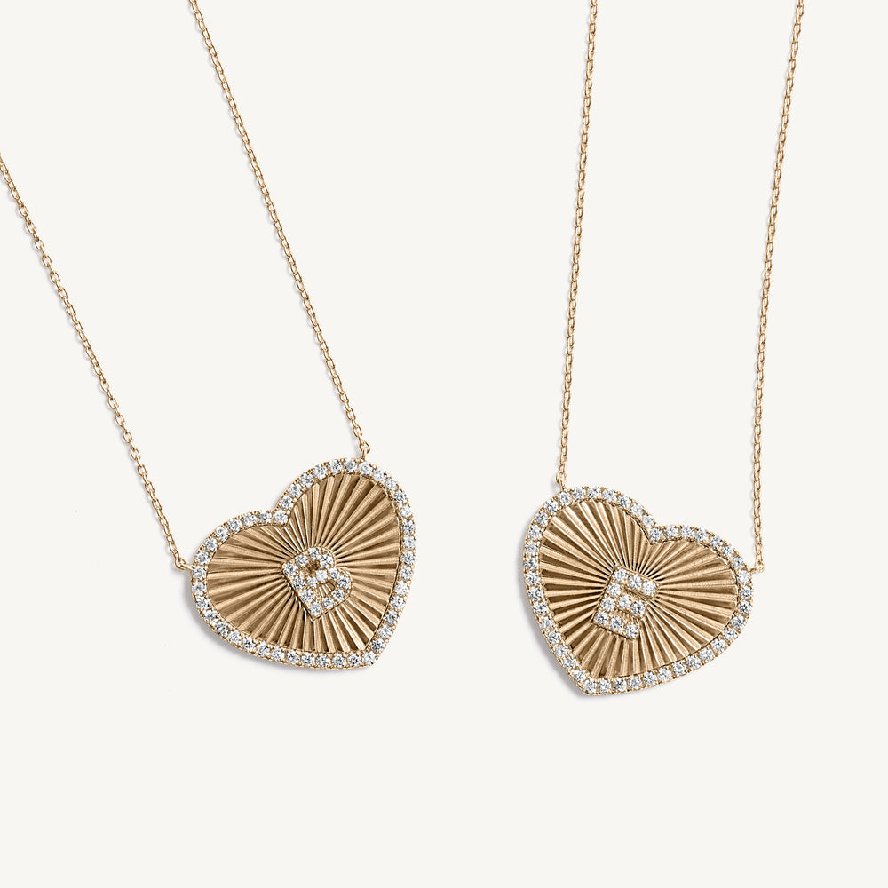 Fluted Heart Diamond Initial Pendant