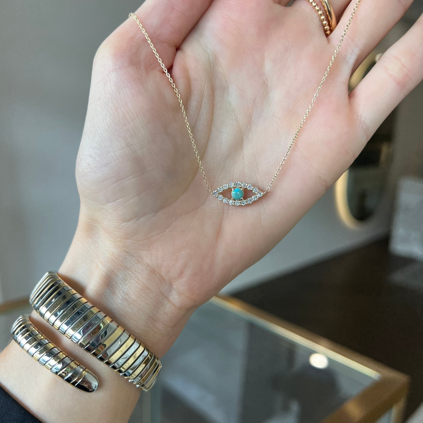 
                  
                    Evil Eye Diamond Necklace With Turquoise Centre
                  
                
