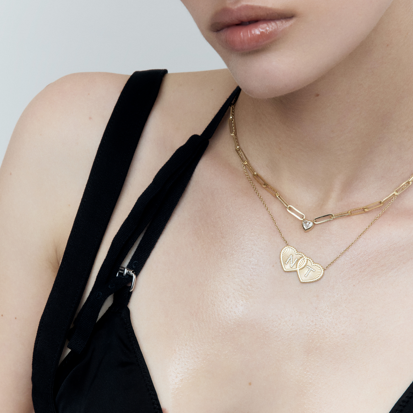 Double Heart Diamond Initial Pendant - Main Image